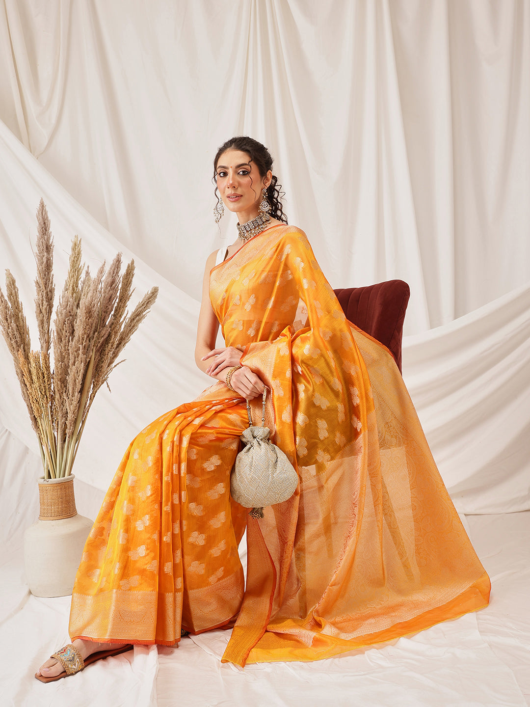 Hiral Fashion Yellow Banarasi Organza Silk Abstract Woven Design Saree | Swadesiicart