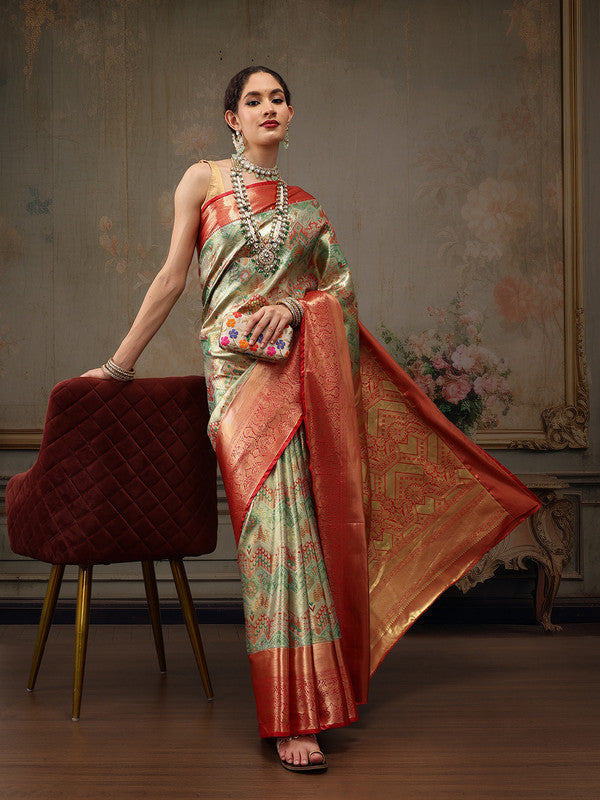 Multicolor Pure Silk Woven Zari Design Geomatric Saree with Unstitched Blouse - Hiral Fashion | Swadesiicart