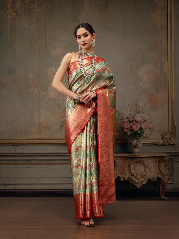 Multicolor Pure Silk Woven Zari Design Geomatric Saree with Unstitched Blouse - Hiral Fashion | Swadesiicart