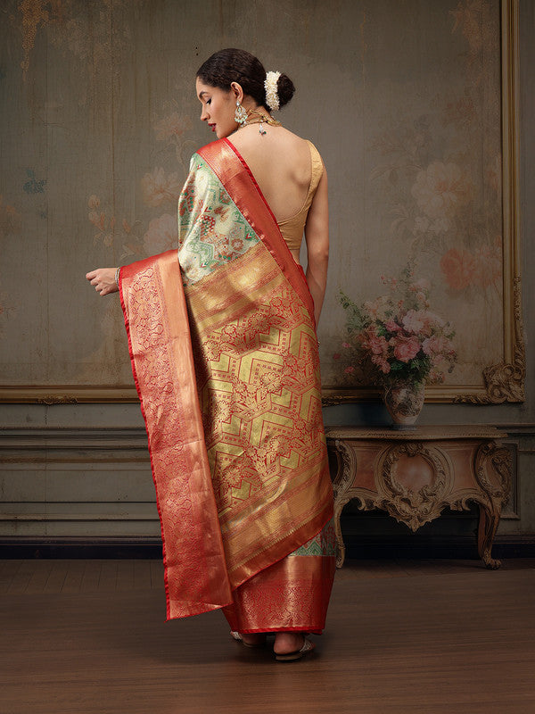 Multicolor Pure Silk Woven Zari Design Geomatric Saree with Unstitched Blouse - Hiral Fashion | Swadesiicart