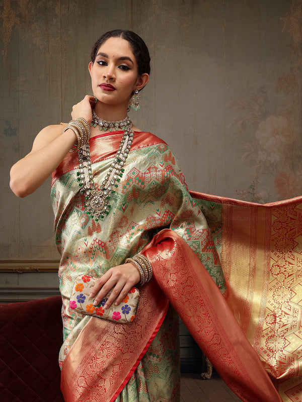 Multicolor Pure Silk Woven Zari Design Geomatric Saree with Unstitched Blouse - Hiral Fashion | Swadesiicart