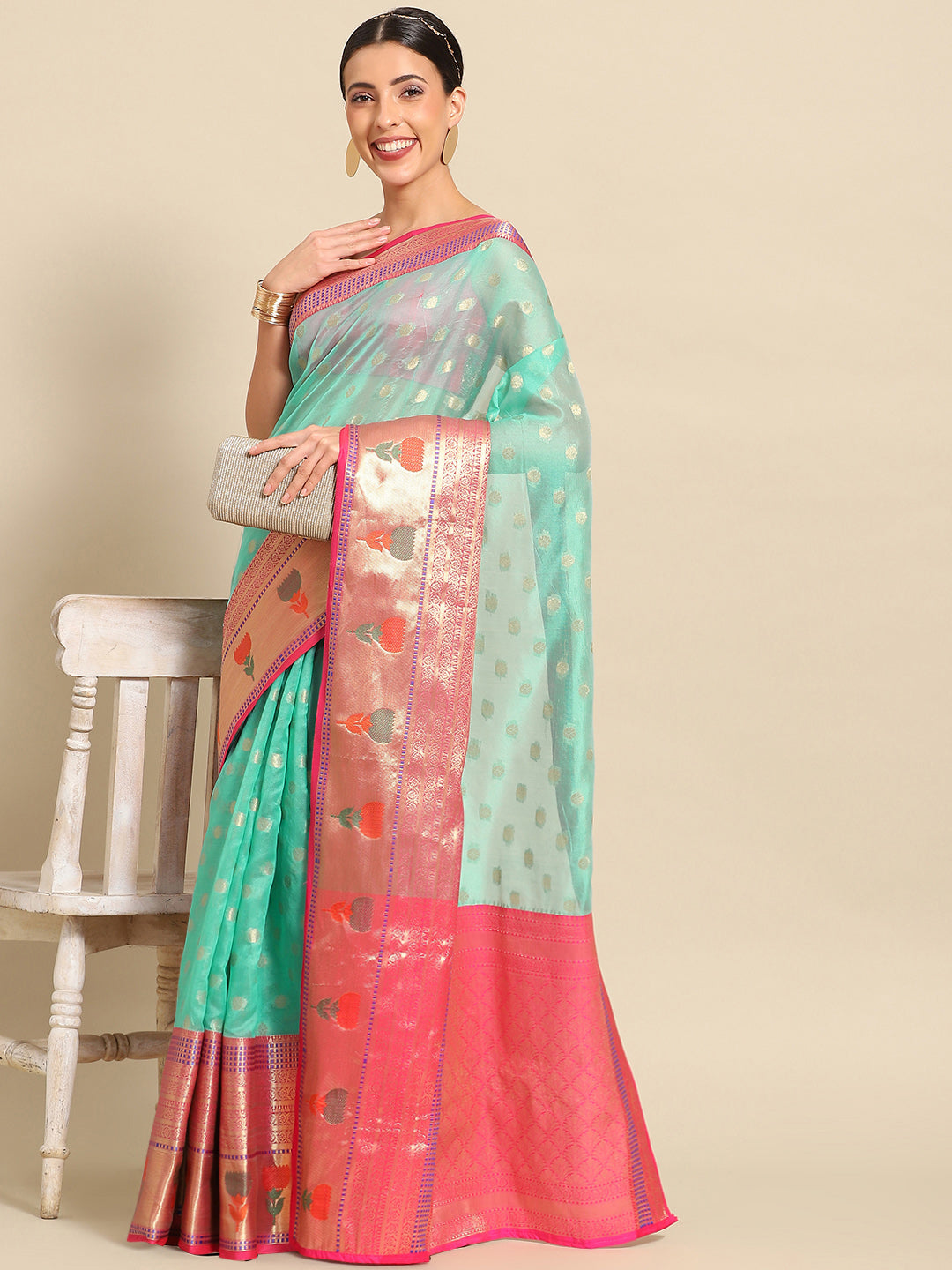 Turquoise Art Silk Woven Zari Design Ethnic Motifs Saree with Unstitched Blouse - Hiral Fashion | Swadesiicart