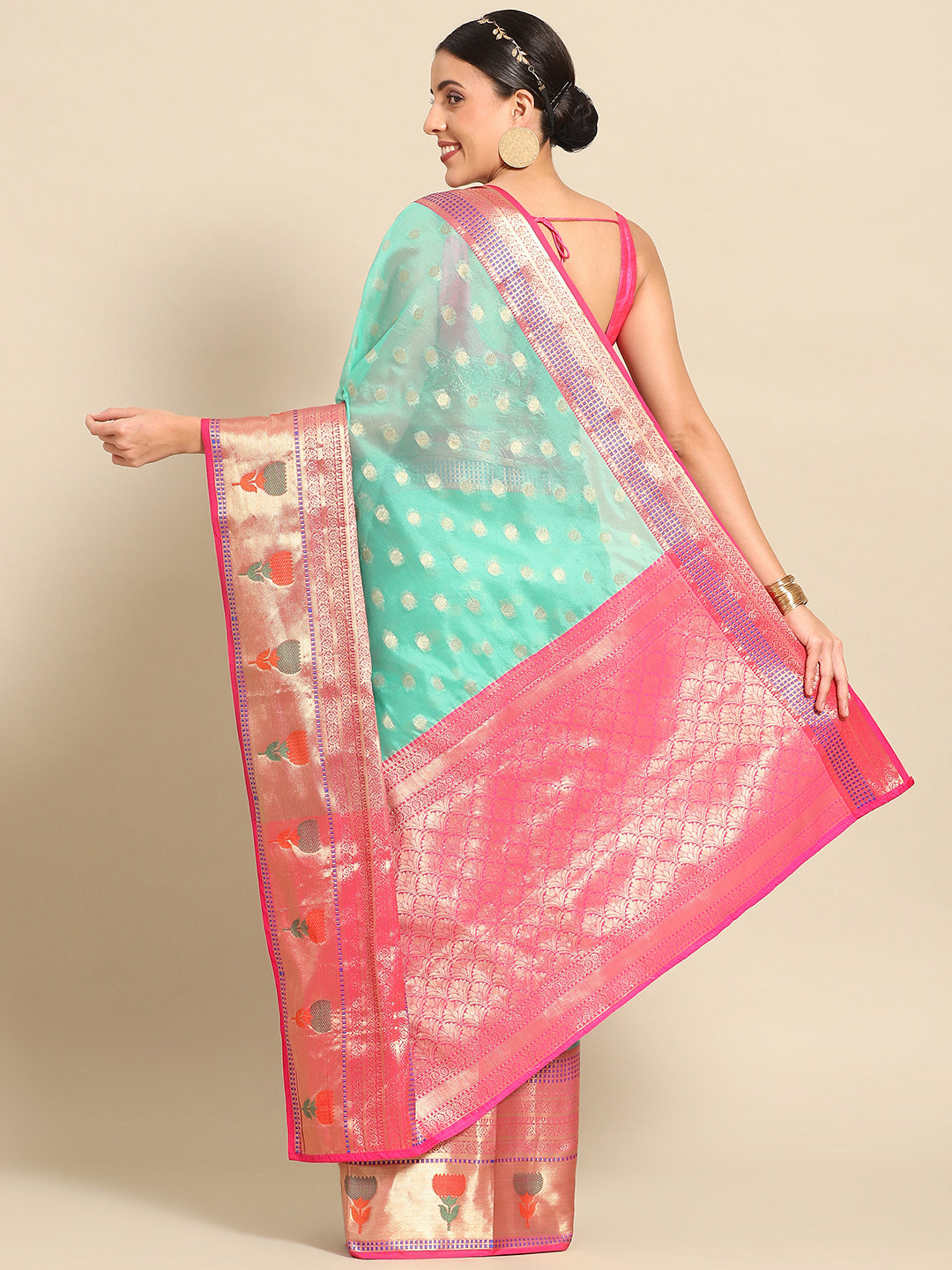 Turquoise Art Silk Woven Zari Design Ethnic Motifs Saree with Unstitched Blouse - Hiral Fashion | Swadesiicart