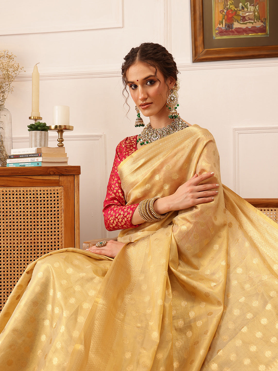 Hiral Fashion Beige Kanjivaram Tissue Silk Floral Zari Woven Saree | Swadesiicart