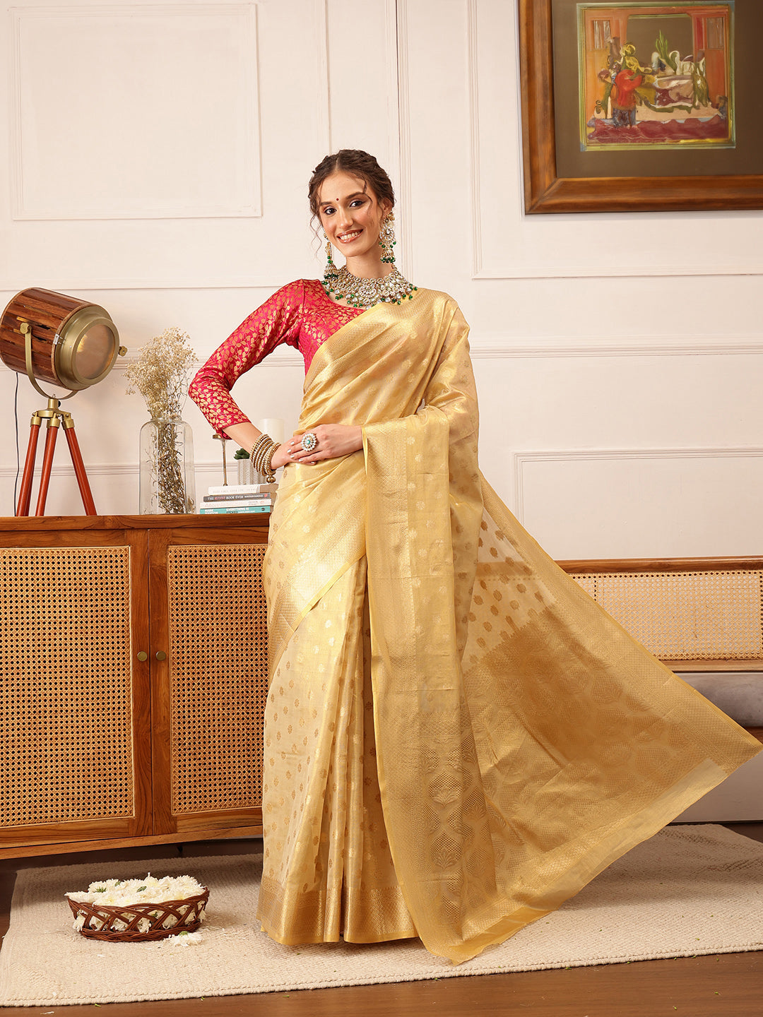 Hiral Fashion Beige Kanjivaram Tissue Silk Floral Zari Woven Saree | Swadesiicart