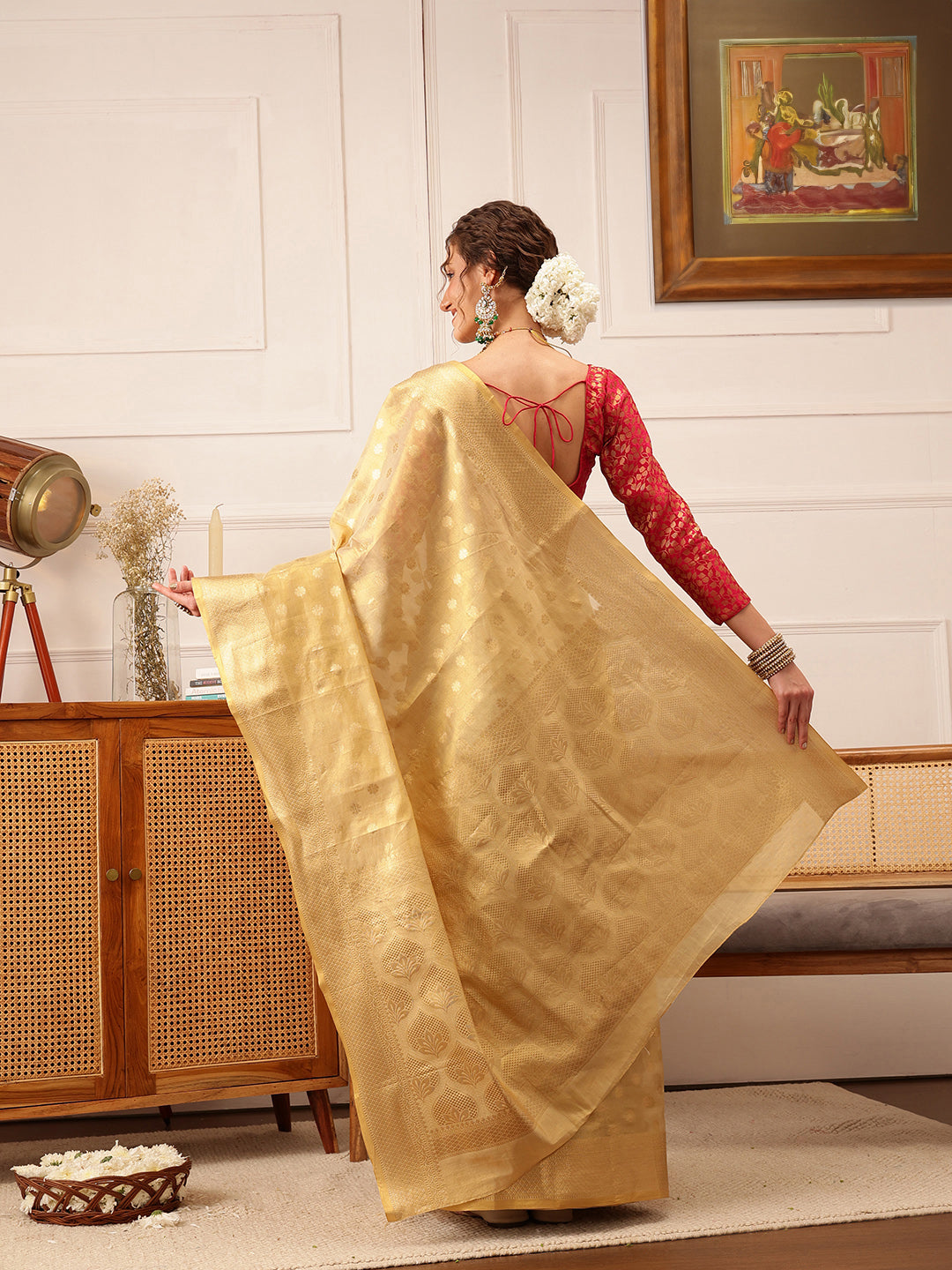 Hiral Fashion Beige Kanjivaram Tissue Silk Floral Zari Woven Saree | Swadesiicart