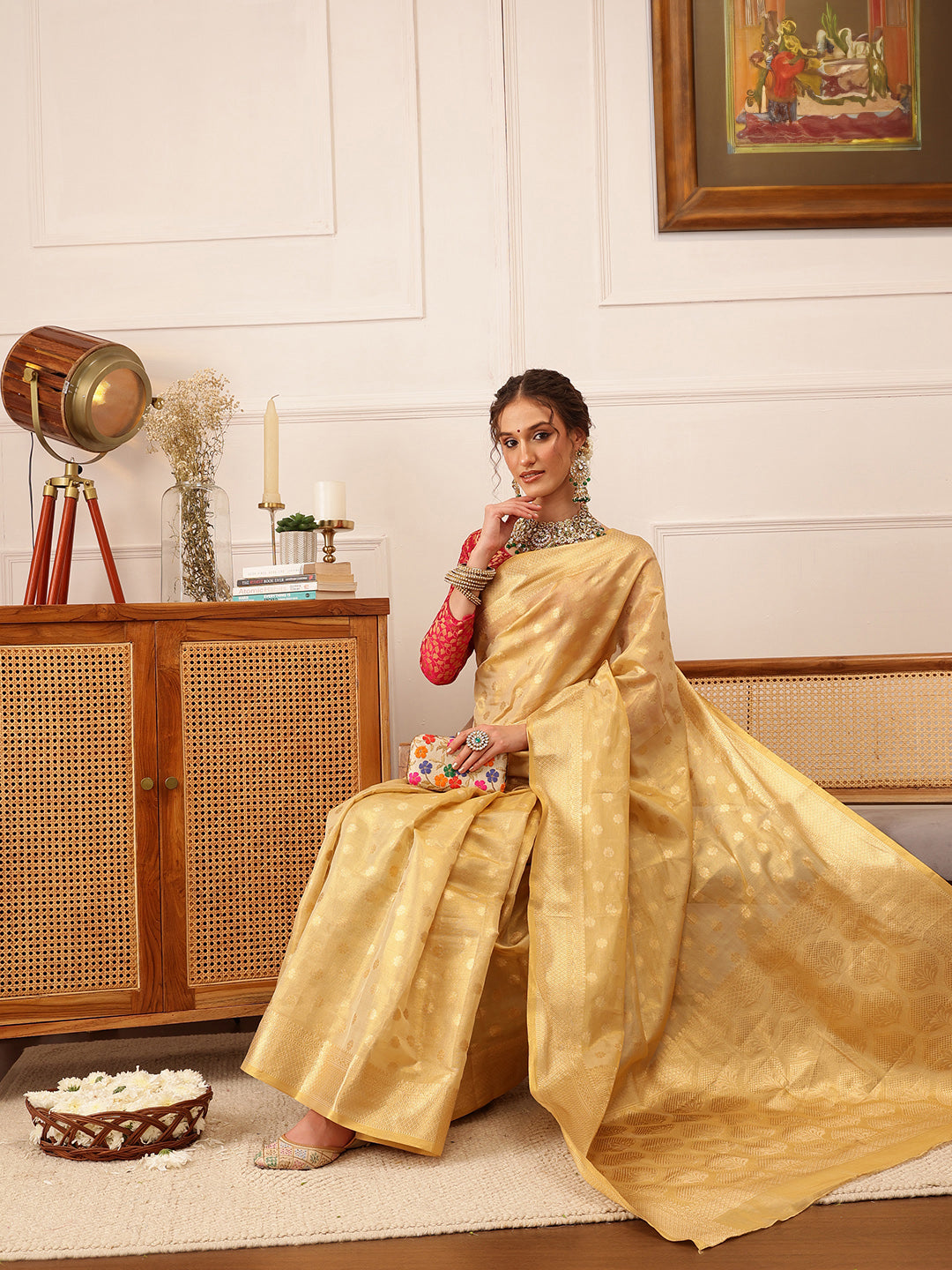 Hiral Fashion Beige Kanjivaram Tissue Silk Floral Zari Woven Saree | Swadesiicart