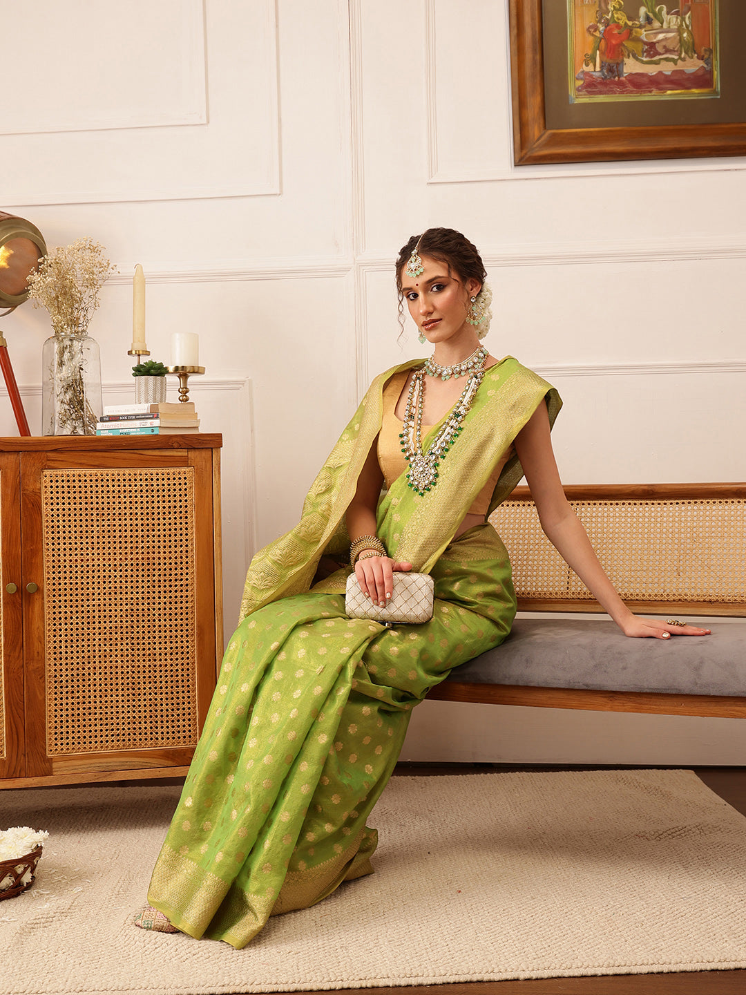 Hiral Fashion Green Kanjivaram Tissue Silk Floral Zari Woven Saree | Swadesiicart