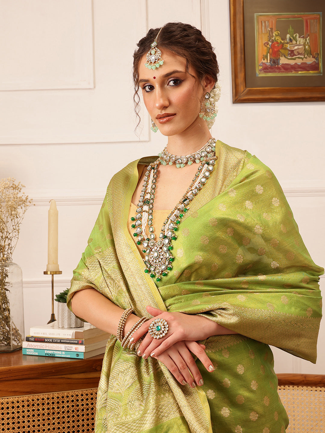 Hiral Fashion Green Kanjivaram Tissue Silk Floral Zari Woven Saree | Swadesiicart