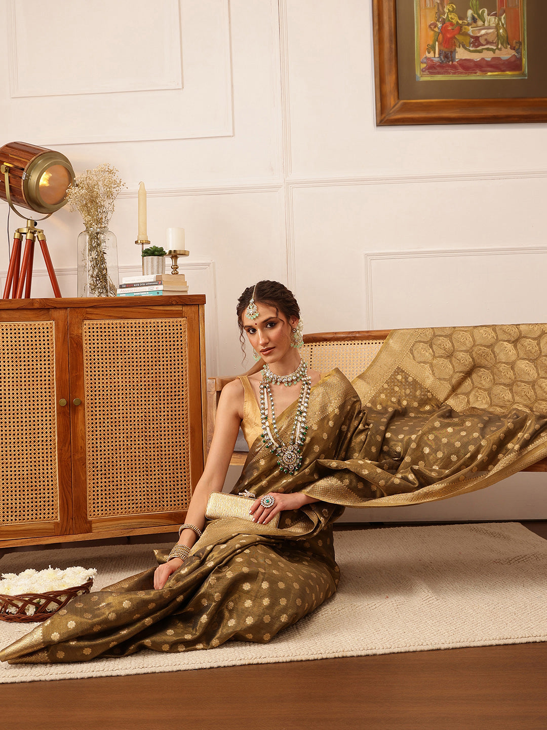 Hiral Fashion Grey Kanjivaram Tissue Silk Floral Zari Woven Saree | Swadesiicart