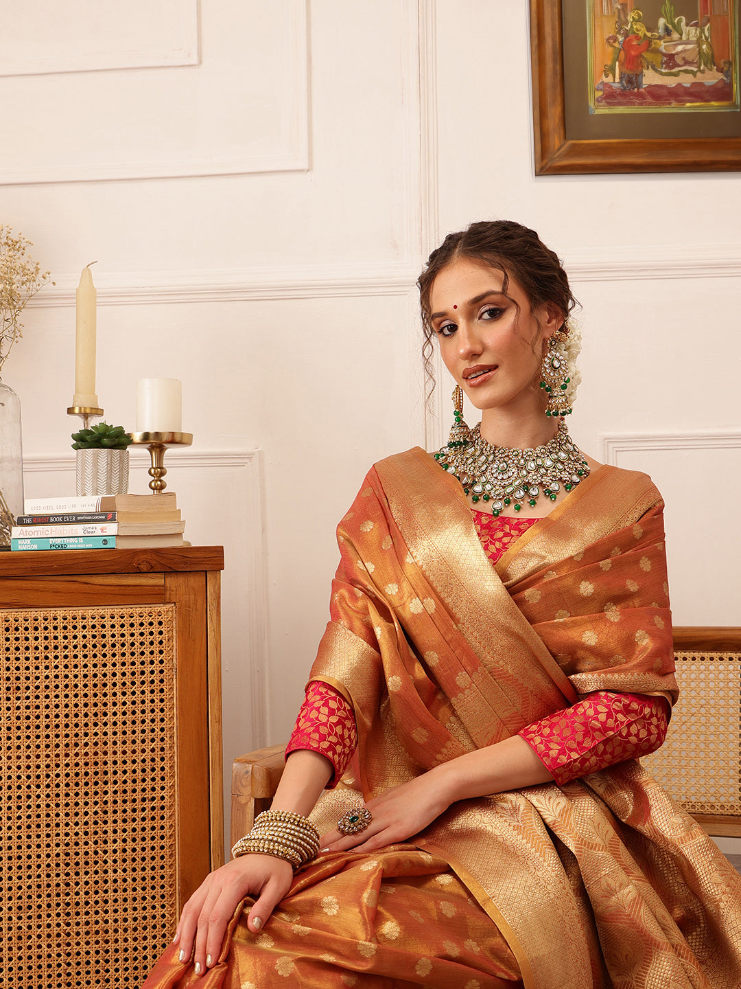 Hiral Fashion Peach Kanjivaram Tissue Silk Floral Zari Woven Saree | Swadesiicart