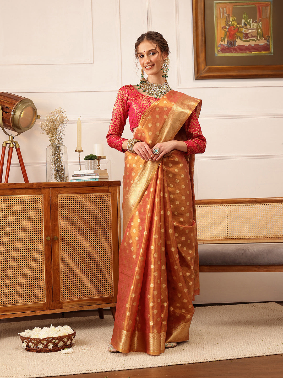 Hiral Fashion Peach Kanjivaram Tissue Silk Floral Zari Woven Saree | Swadesiicart