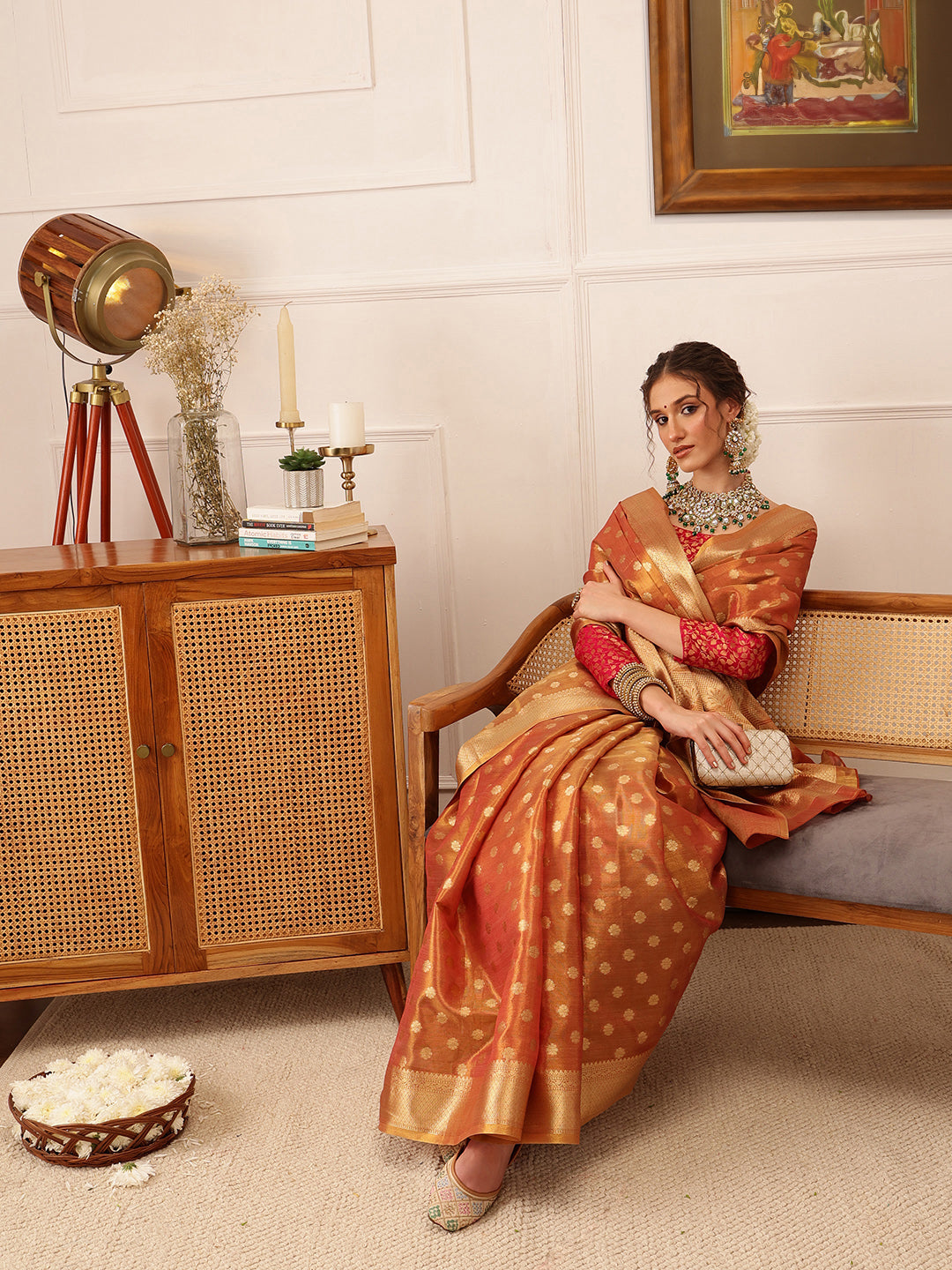 Hiral Fashion Peach Kanjivaram Tissue Silk Floral Zari Woven Saree | Swadesiicart