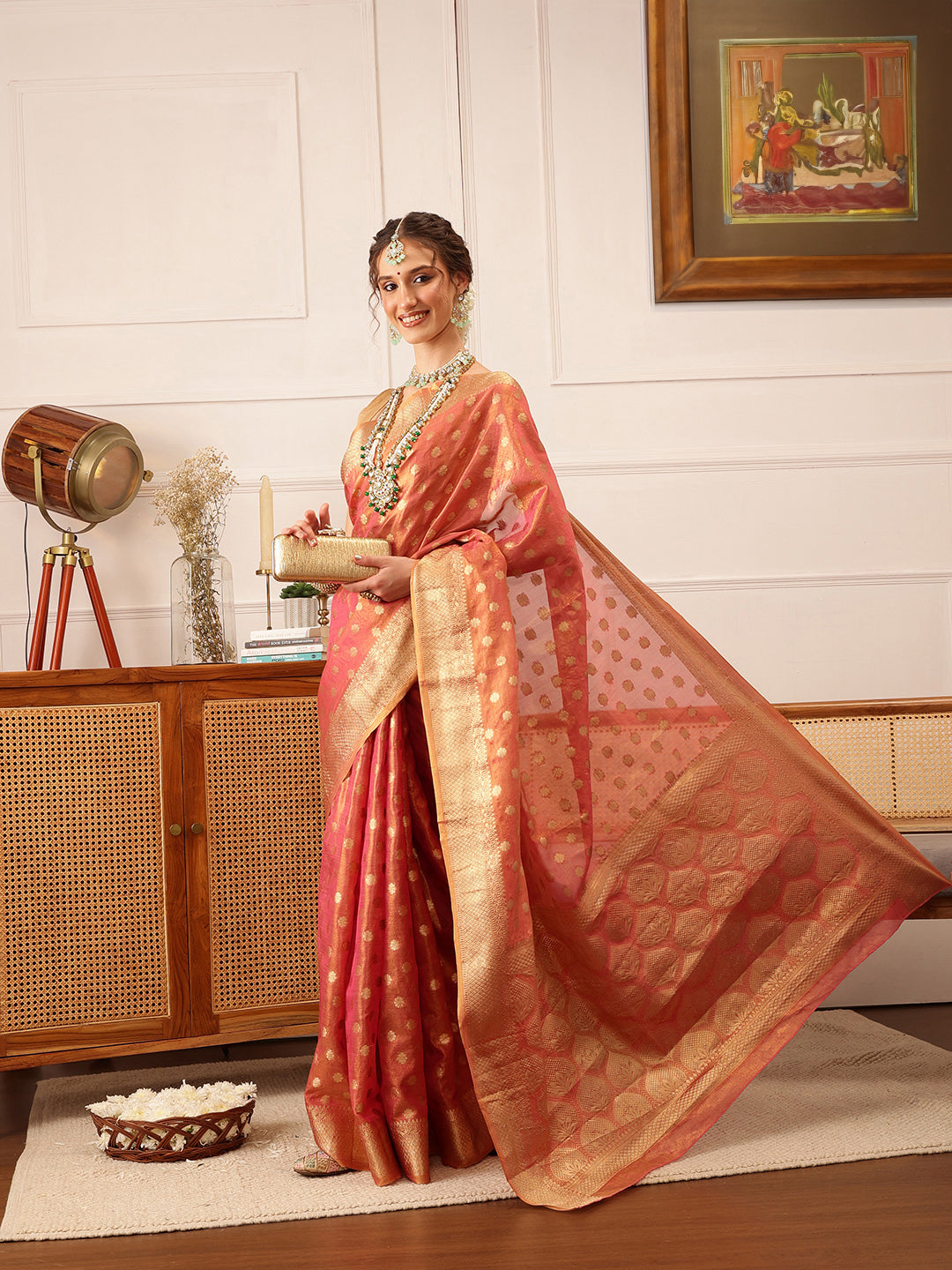 Hiral Fashion Pink Kanjivaram Tissue Silk Floral Zari Woven Saree | Swadesiicart