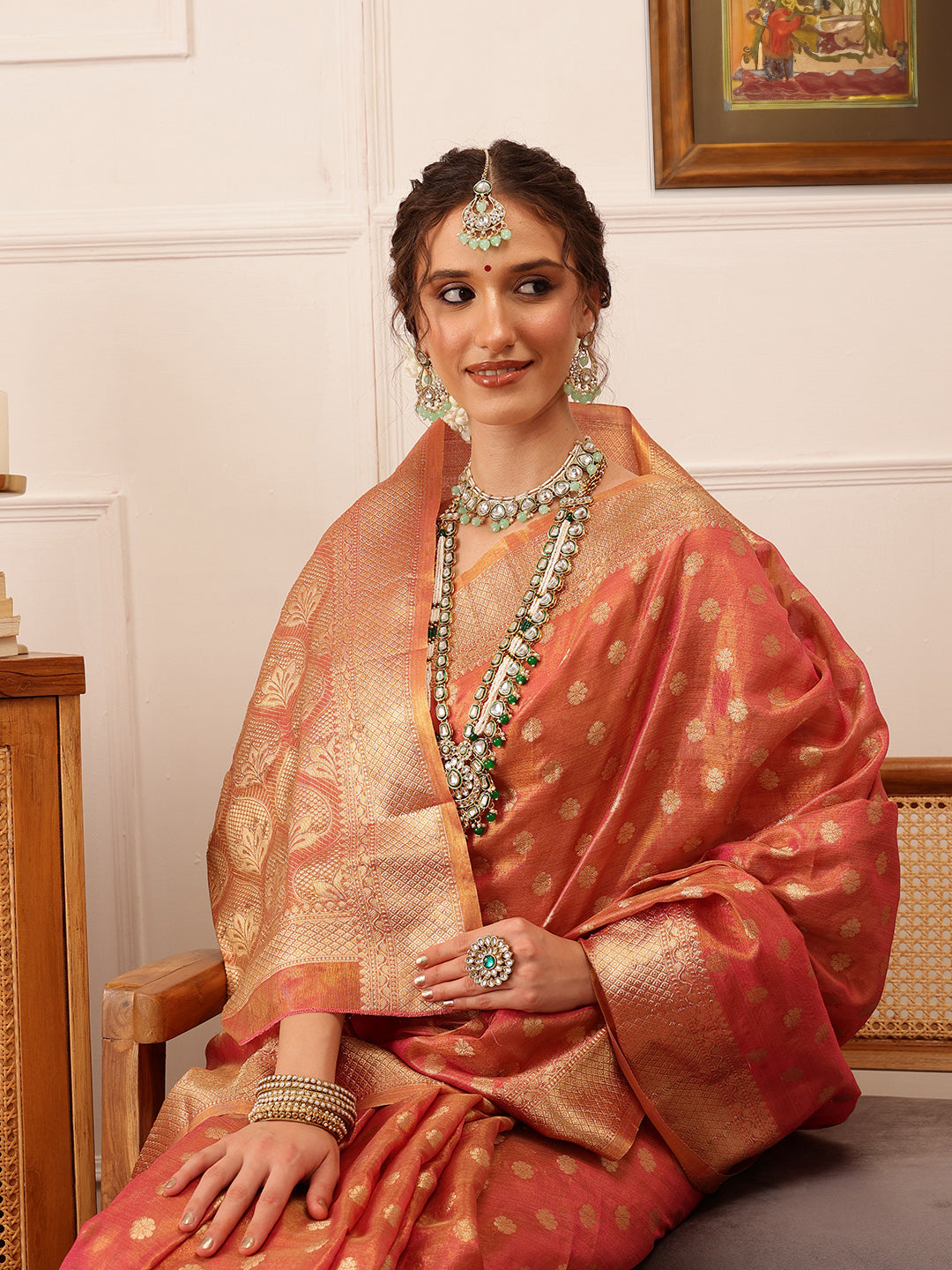 Hiral Fashion Pink Kanjivaram Tissue Silk Floral Zari Woven Saree | Swadesiicart