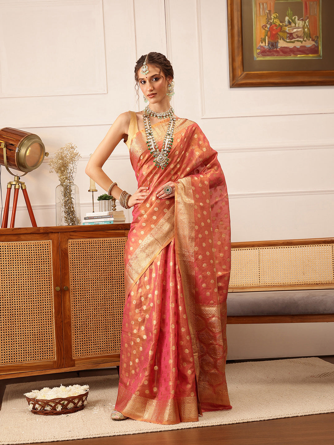 Hiral Fashion Pink Kanjivaram Tissue Silk Floral Zari Woven Saree | Swadesiicart