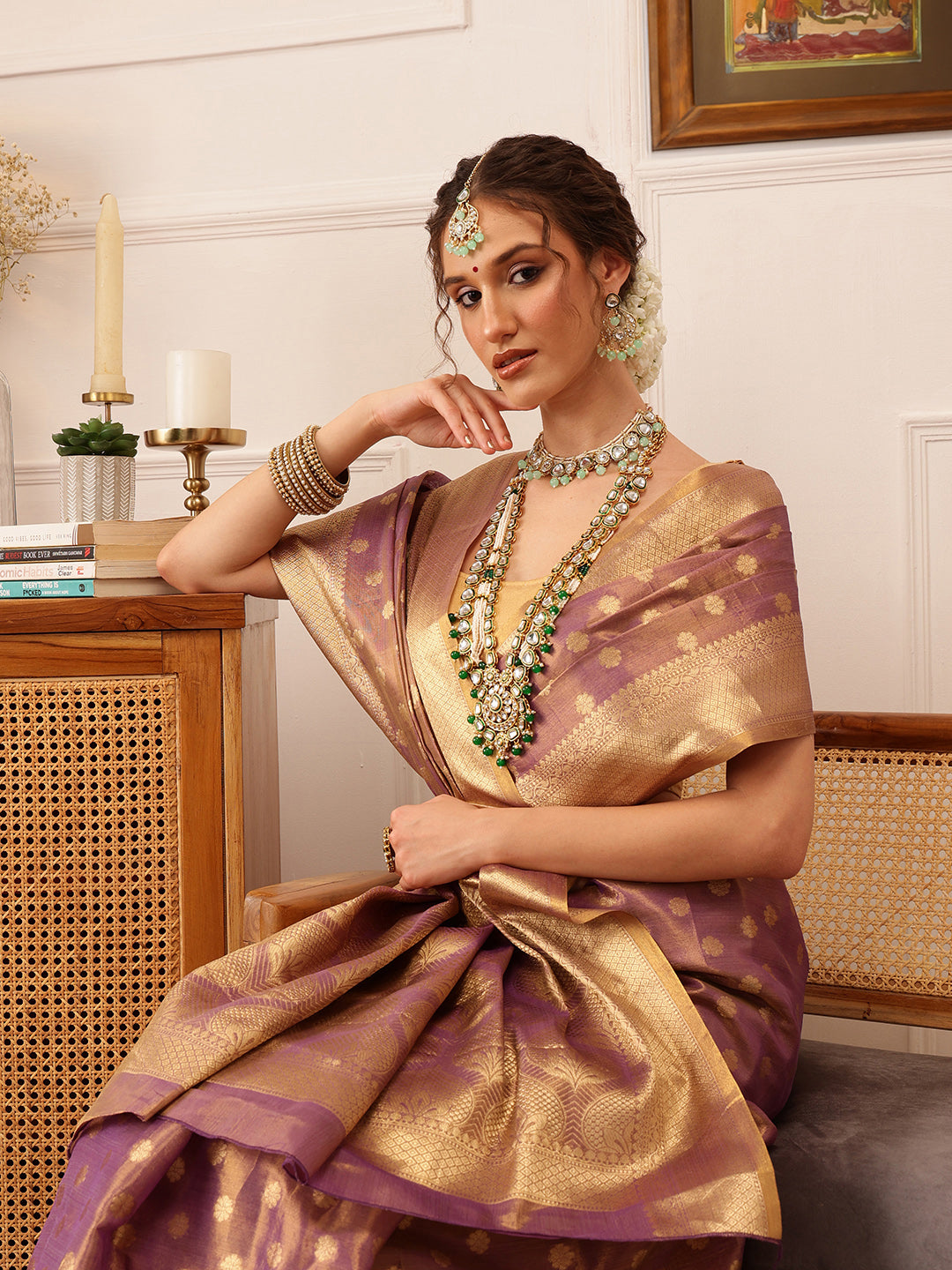 Hiral Fashion Purple Kanjivaram Tissue Silk Floral Zari Woven Saree | Swadesiicart