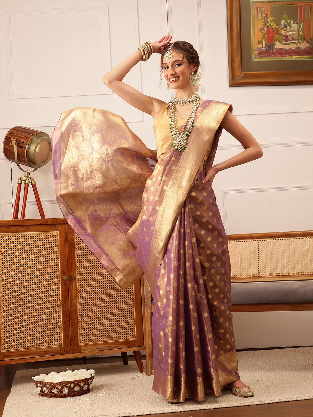 Hiral Fashion Purple Kanjivaram Tissue Silk Floral Zari Woven Saree | Swadesiicart