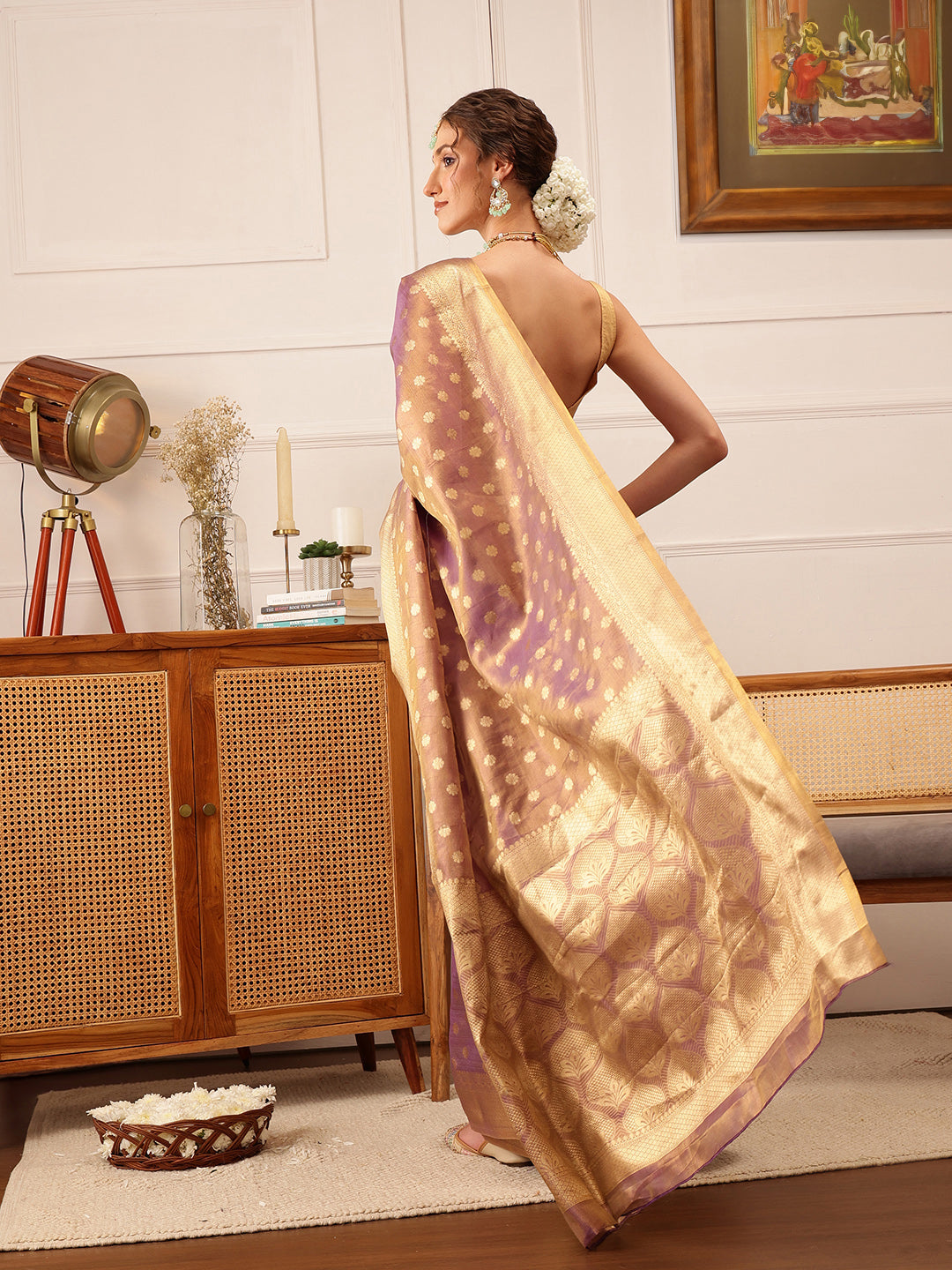 Hiral Fashion Purple Kanjivaram Tissue Silk Floral Zari Woven Saree | Swadesiicart