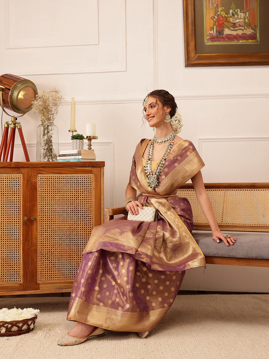 Hiral Fashion Purple Kanjivaram Tissue Silk Floral Zari Woven Saree | Swadesiicart