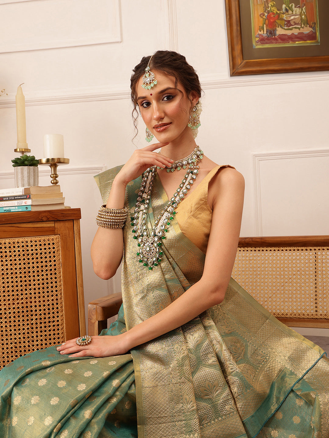 Hiral Fashion Teal Kanjivaram Tissue Silk Floral Zari Woven Saree | Swadesiicart