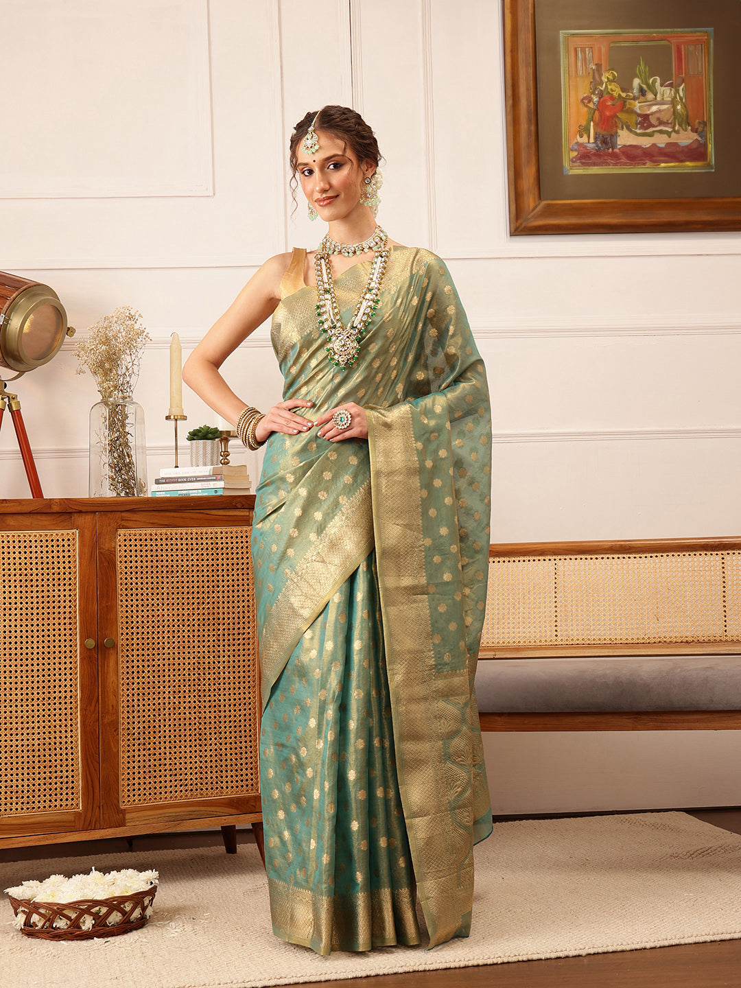 Hiral Fashion Teal Kanjivaram Tissue Silk Floral Zari Woven Saree | Swadesiicart