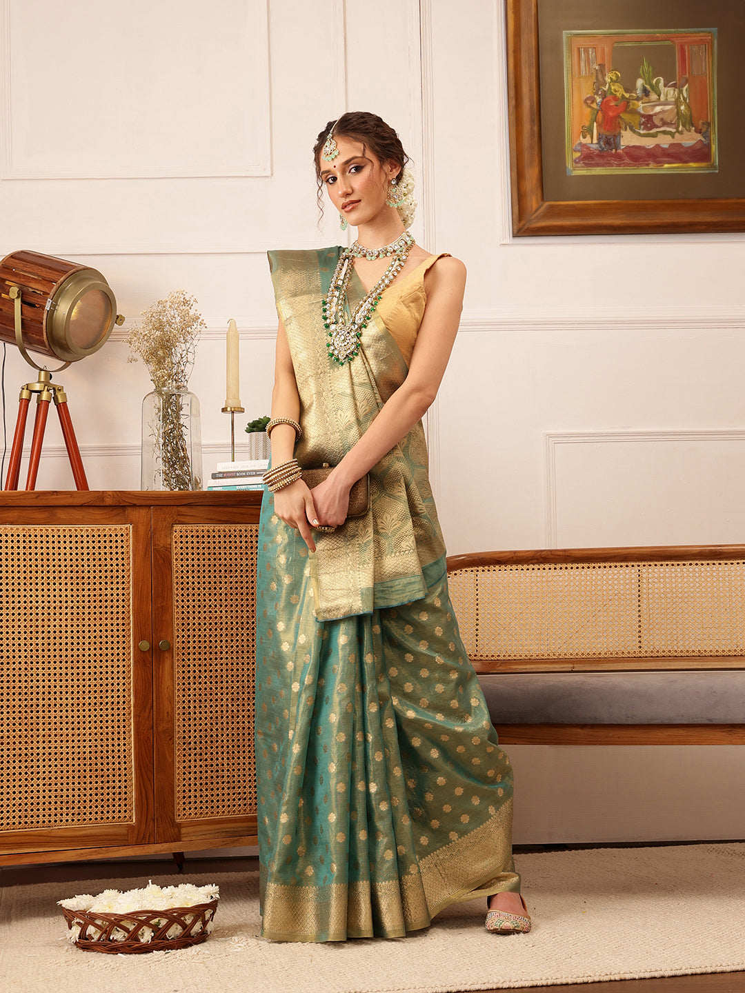Hiral Fashion Teal Kanjivaram Tissue Silk Floral Zari Woven Saree | Swadesiicart
