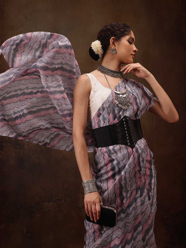 Gray Cotton Blend Digital Print Abstract Saree with Unstitched Blouse - Hiral Fashion | Swadesiicart