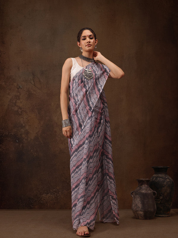 Gray Cotton Blend Digital Print Abstract Saree with Unstitched Blouse - Hiral Fashion | Swadesiicart