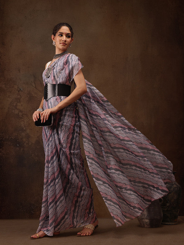 Gray Cotton Blend Digital Print Abstract Saree with Unstitched Blouse - Hiral Fashion | Swadesiicart