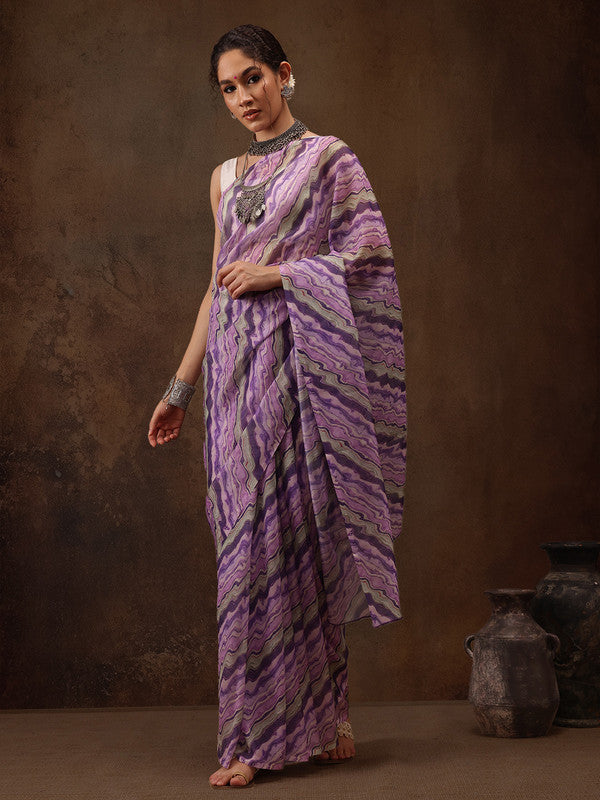 Lavender Cotton Blend Digital Print Abstract Saree with Unstitched Blouse - Hiral Fashion | Swadesiicart