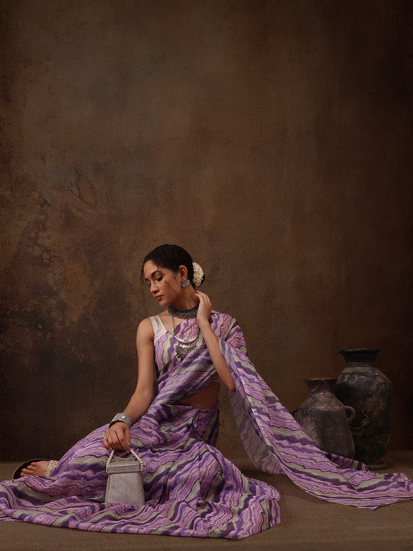 Lavender Cotton Blend Digital Print Abstract Saree with Unstitched Blouse - Hiral Fashion | Swadesiicart