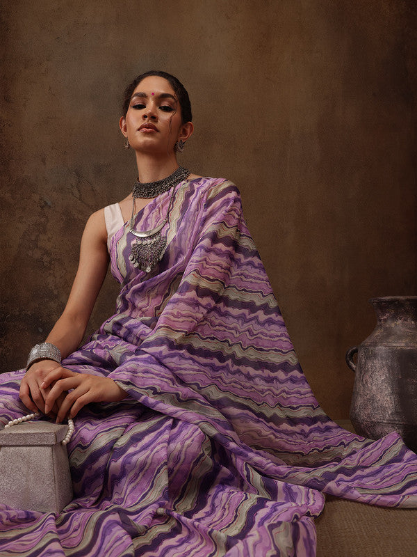 Lavender Cotton Blend Digital Print Abstract Saree with Unstitched Blouse - Hiral Fashion | Swadesiicart
