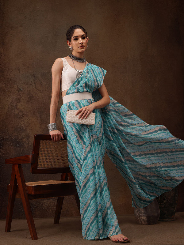 Turquoise Cotton Blend Digital Print Abstract Saree with Unstitched Blouse - Hiral Fashion | Swadesiicart