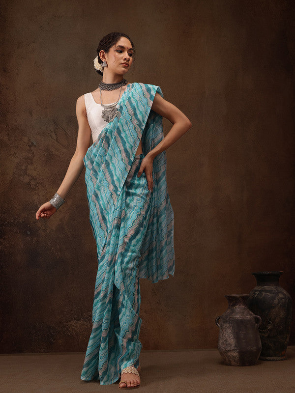 Turquoise Cotton Blend Digital Print Abstract Saree with Unstitched Blouse - Hiral Fashion | Swadesiicart