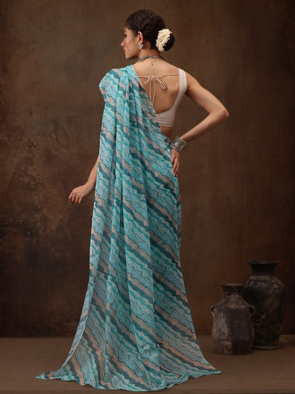 Turquoise Cotton Blend Digital Print Abstract Saree with Unstitched Blouse - Hiral Fashion | Swadesiicart