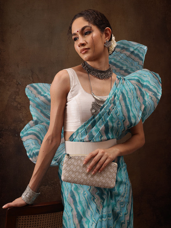 Turquoise Cotton Blend Digital Print Abstract Saree with Unstitched Blouse - Hiral Fashion | Swadesiicart