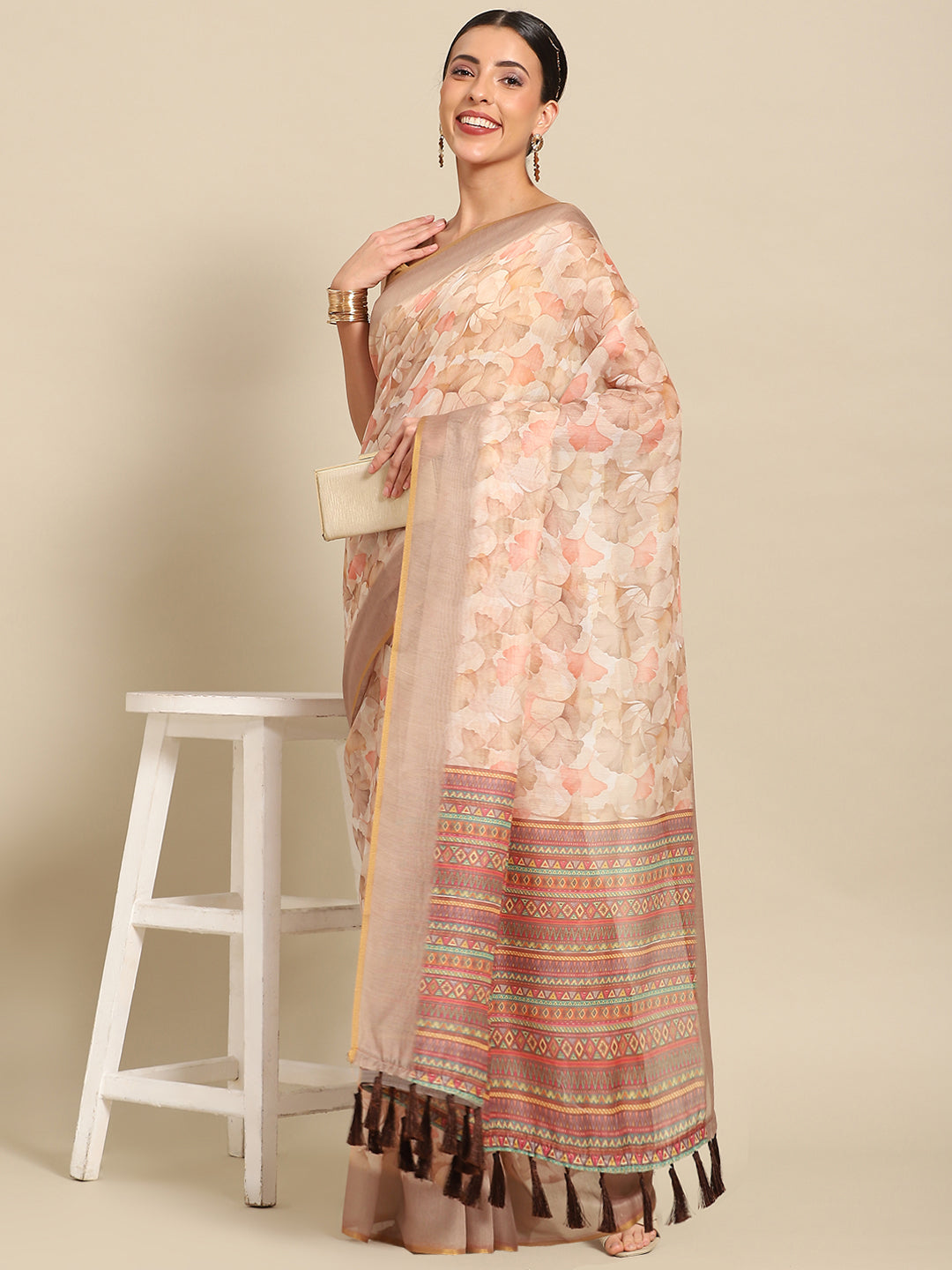 Beige Pure Cotton Printed Floral Saree with Unstitched Blouse - Hiral Fashion | Swadesiicart