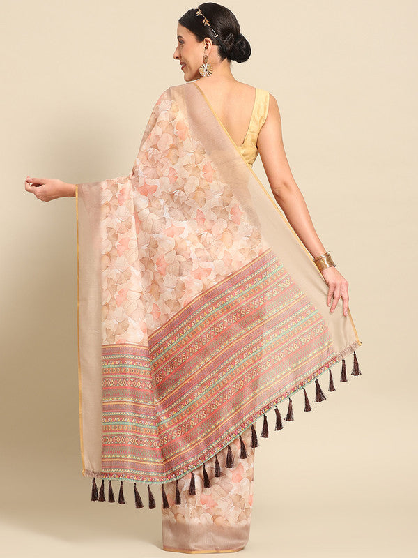 Beige Pure Cotton Printed Floral Saree with Unstitched Blouse - Hiral Fashion | Swadesiicart