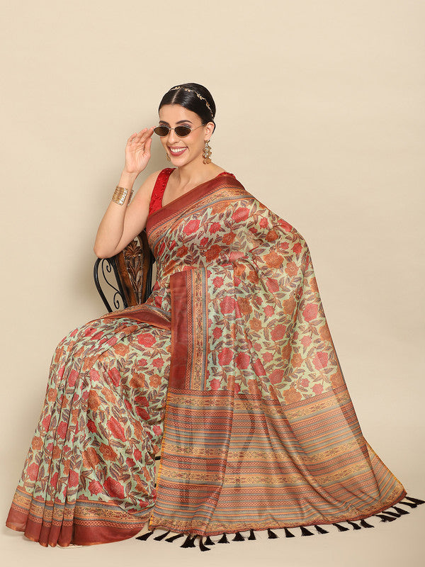 Green Pure Cotton Printed Floral Saree with Unstitched Blouse - Hiral Fashion | Swadesiicart