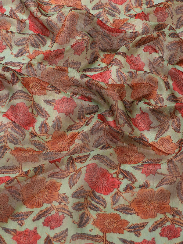 Green Pure Cotton Printed Floral Saree with Unstitched Blouse - Hiral Fashion | Swadesiicart