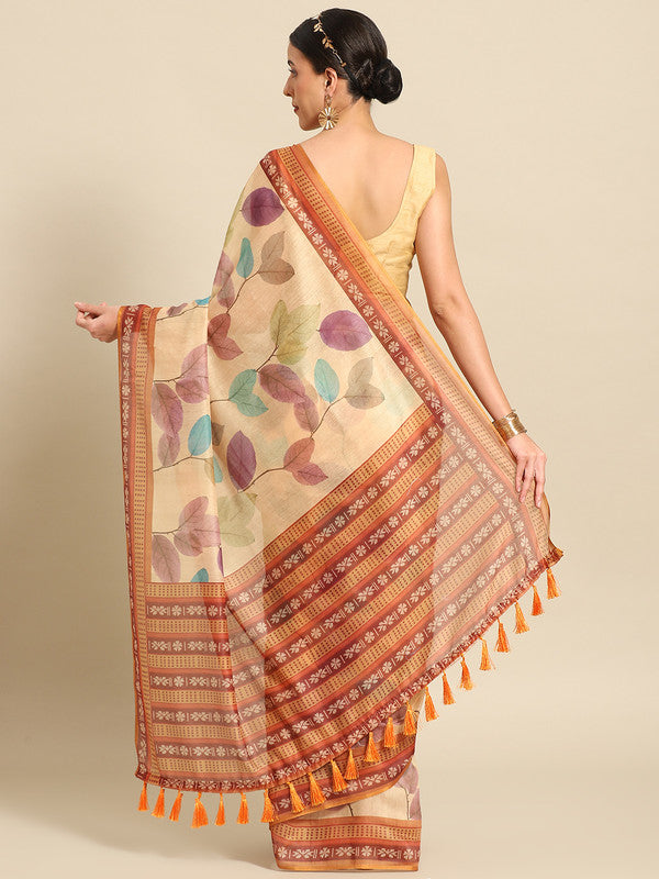 Mustard Pure Cotton Printed Floral Saree with Unstitched Blouse - Hiral Fashion | Swadesiicart