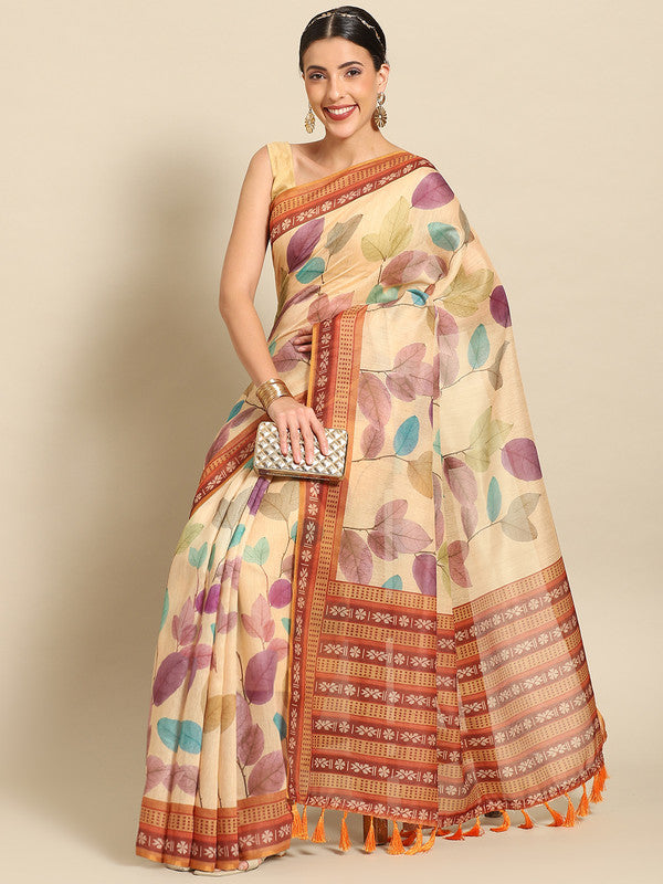 Mustard Pure Cotton Printed Floral Saree with Unstitched Blouse - Hiral Fashion | Swadesiicart