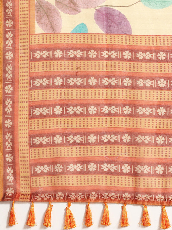 Mustard Pure Cotton Printed Floral Saree with Unstitched Blouse - Hiral Fashion | Swadesiicart