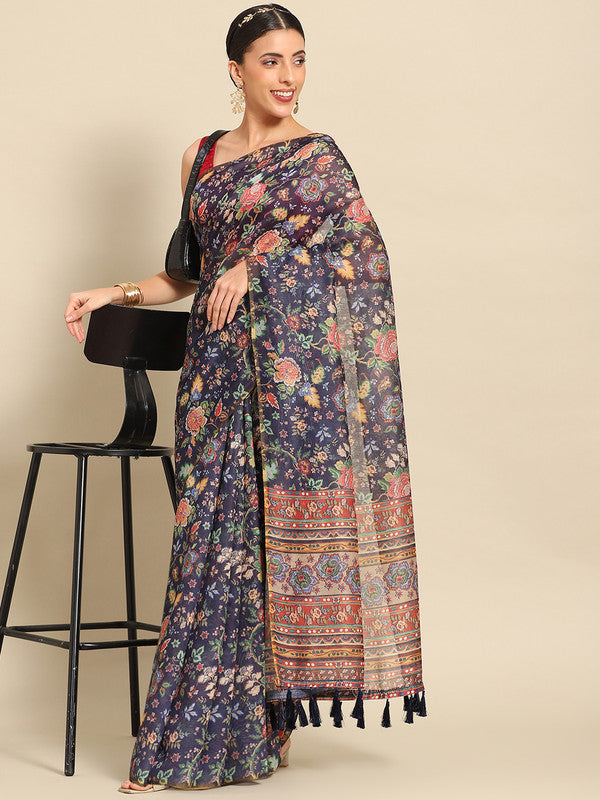 Navy Blue Pure Cotton Printed Floral Saree with Unstitched Blouse - Hiral Fashion | Swadesiicart