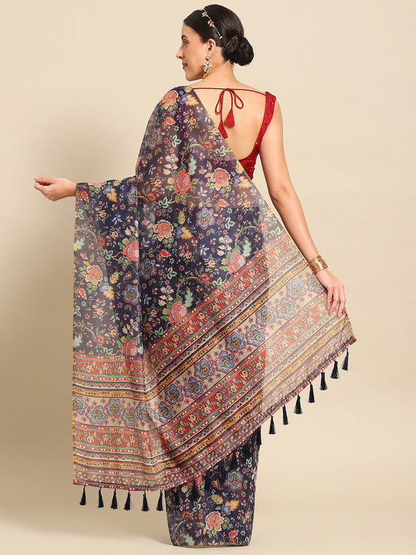 Navy Blue Pure Cotton Printed Floral Saree with Unstitched Blouse - Hiral Fashion | Swadesiicart