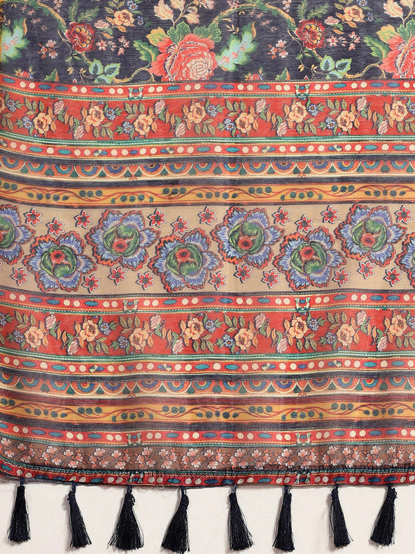 Navy Blue Pure Cotton Printed Floral Saree with Unstitched Blouse - Hiral Fashion | Swadesiicart