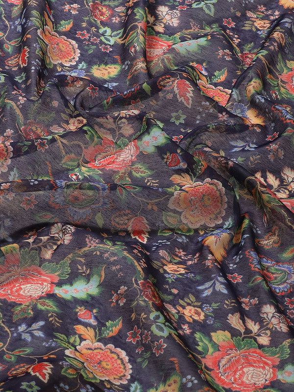 Navy Blue Pure Cotton Printed Floral Saree with Unstitched Blouse - Hiral Fashion | Swadesiicart