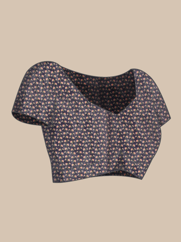 Navy Blue Pure Cotton Printed Floral Saree with Unstitched Blouse - Hiral Fashion | Swadesiicart