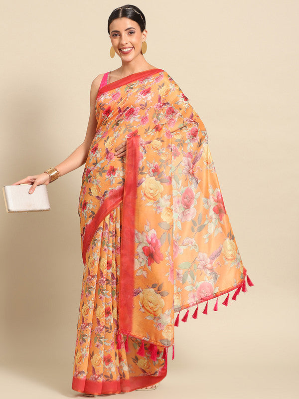 Orange Pure Cotton Printed Floral Saree with Unstitched Blouse - Hiral Fashion | Swadesiicart